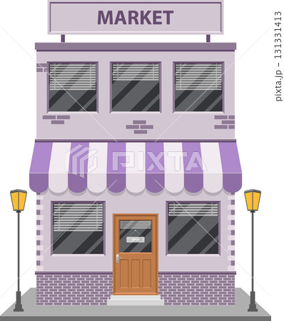 A charming local market front with awning, open sign, vintage lamps and closed blinds. A charming local market front with awning, open sign, vintage lamps and closed blinds. 131331413