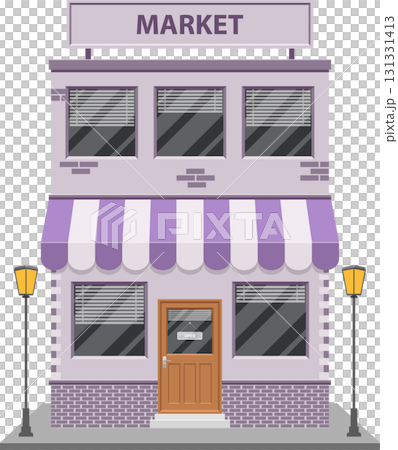 A charming local market front with awning, open sign, vintage lamps and closed blinds. A charming local market front with awning, open sign, vintage lamps and closed blinds. 131331413