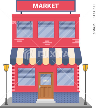 Illustration of a two-story market building with awnings and streetlights on a black background. 131331415