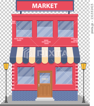 Illustration of a two-story market building with awnings and streetlights on a black background. 131331415