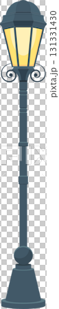 A dark grey vintage lamppost with a yellow light sits against a black background. 131331430