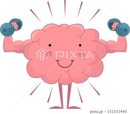 Cartoon brain character lifting dumbbells, symbolizing mental strength and cognitive exercise. 131331440