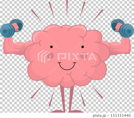 Cartoon brain character lifting dumbbells, symbolizing mental strength and cognitive exercise. 131331440