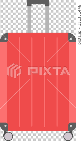 A bright red, vertical, and cartoon suitcase stands on small wheels and has a grey handle. 131331446