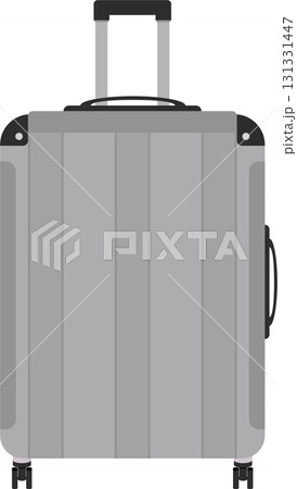 An illustration of a wheeled suitcase with a pull-out handle, in light grey colors on black. An illustration of a wheeled suitcase with a pull-out handle, in light grey colors on black. 131331447