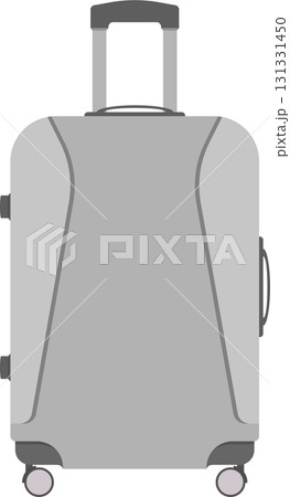 Gray suitcase standing upright with an extending handle and four wheels for easy transport. Gray suitcase standing upright with an extending handle and four wheels for easy transport. 131331450