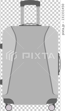 Gray suitcase standing upright with an extending handle and four wheels for easy transport. 131331450