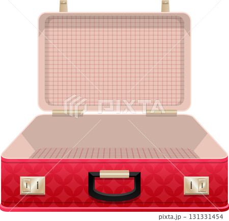 Open red suitcase with patterned exterior and pale pink interior, ready for packing contents. 131331454