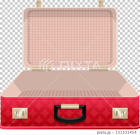 Open red suitcase with patterned exterior and pale pink interior, ready for packing contents. 131331454