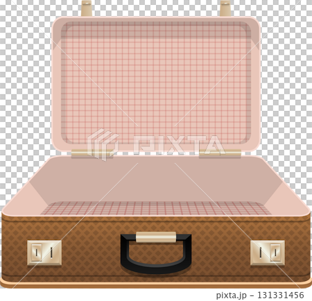 Open suitcase: vintage luggage with a tan exterior and pink checkered interior, ready for packing 131331456