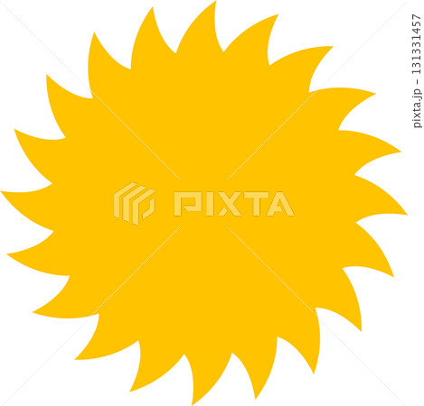 A vibrant yellow sunburst with multiple pointed rays against a stark black background. 131331457