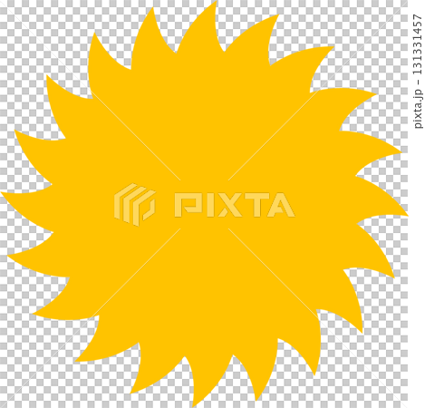 A vibrant yellow sunburst with multiple pointed rays against a stark black background. 131331457