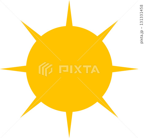 Golden sun illustration with sharp rays, set against a black background, representing warmth. 131331458