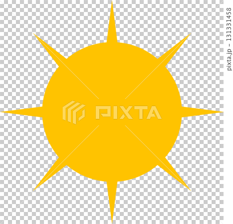 Golden sun illustration with sharp rays, set against a black background, representing warmth. 131331458