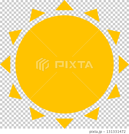 Bright yellow sun with triangular rays on a black background, radiating light and warmth. 131331472