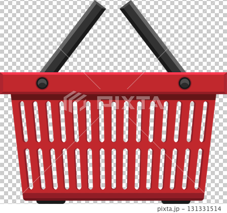 A red plastic shopping basket with a black background, typically used in stores and supermarkets. 131331514