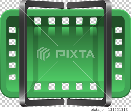 Green camera film roll with square sprocket holes and a reflective silver frame for retro imagery. Green camera film roll with square sprocket holes and a reflective silver frame for retro imagery. 131331518