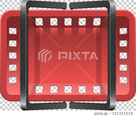 Red filmstrip icon with square sprocket holes, representing visual media and cinematic arts. Red filmstrip icon with square sprocket holes, representing visual media and cinematic arts. 131331519