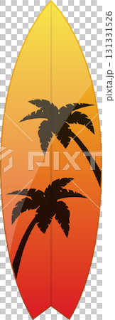 Vibrant surfboard art featuring silhouetted palm trees against a colorful sunset gradient backdrop Vibrant surfboard art featuring silhouetted palm trees against a colorful sunset gradient backdrop 131331526