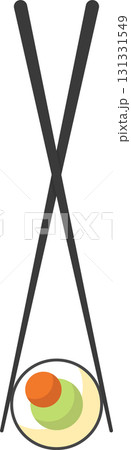 Minimalist illustration of crossed chopsticks with a plate of colorful food on a black background. Minimalist illustration of crossed chopsticks with a plate of colorful food on a black background. 131331549
