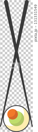 Minimalist illustration of crossed chopsticks with a plate of colorful food on a black background. Minimalist illustration of crossed chopsticks with a plate of colorful food on a black background. 131331549