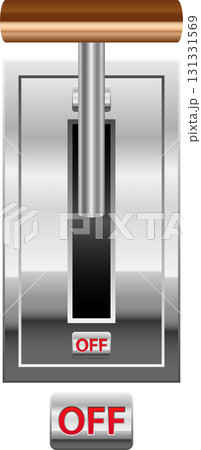 The image depicts an off switch with a metal lever and a red "off" indication on a dark surface. The image depicts an off switch with a metal lever and a red "off" indication on a dark surface. 131331569