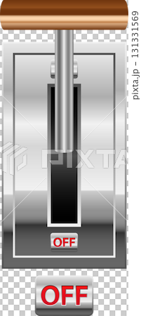 The image depicts an off switch with a metal lever and a red "off" indication on a dark surface. The image depicts an off switch with a metal lever and a red "off" indication on a dark surface. 131331569