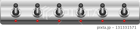 Metallic panel with six toggle switches and indicator lights in a streamlined gray design. Metallic panel with six toggle switches and indicator lights in a streamlined gray design. 131331571