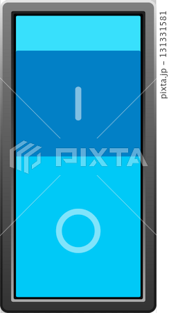 Blue on-off toggle switch inside gray plastic casing with line and circle symbols visible. Blue on-off toggle switch inside gray plastic casing with line and circle symbols visible. 131331581