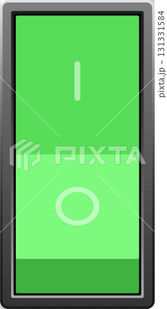 Illuminated green switch, indicating a device is powered on and functioning, ready for operation. 131331584