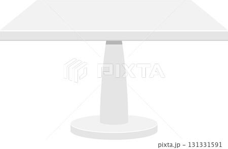 A simple illustration of a white, square table with a single pedestal leg on black background. A simple illustration of a white, square table with a single pedestal leg on black background. 131331591