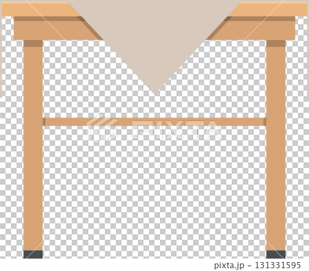 Wooden table with a triangular white covering. A simple design with warm and neutral tones. 131331595