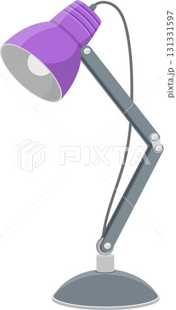 A purple adjustable desk lamp, made of metal with a flexible arm, sits on a dark background. 131331597