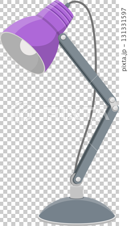 A purple adjustable desk lamp, made of metal with a flexible arm, sits on a dark background. 131331597