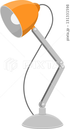 A stylish, adjustable lamp shines with an orange shade and articulated silver metal arm. A stylish, adjustable lamp shines with an orange shade and articulated silver metal arm. 131331598