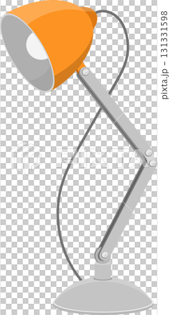 A stylish, adjustable lamp shines with an orange shade and articulated silver metal arm. 131331598