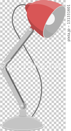 Red and grey adjustable desk lamp with visible lightbulb, isolated on a black background. 131331601