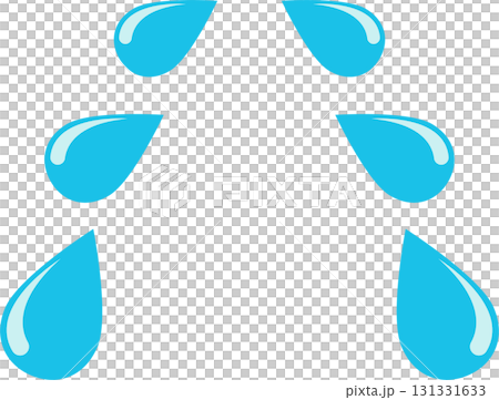 Six blue water drops arranged in a triangular pattern against a solid black background. Six blue water drops arranged in a triangular pattern against a solid black background. 131331633