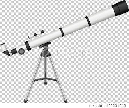 Illustration of a white telescope on a tripod with black accents, set against a black background. Illustration of a white telescope on a tripod with black accents, set against a black background. 131331646