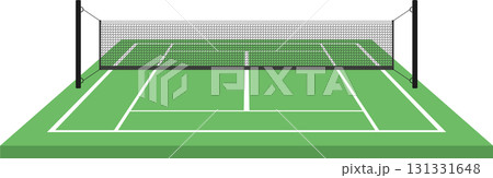A pristine green court awaits competition, marked with crisp white lines, inviting athletic prowess. 131331648
