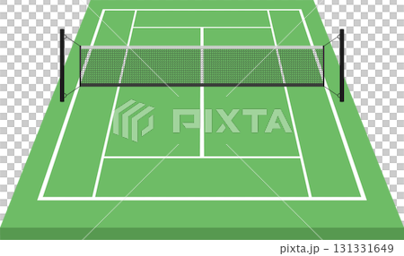 A green tennis court with white lines and a net ready for a match, waiting for players. 131331649