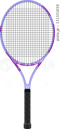 A lavender and purple tennis racket with black strings stands against a stark black background. 131331658