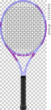 A lavender and purple tennis racket with black strings stands against a stark black background. 131331658