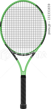 A green tennis racket against a black background, ready for a match or practice session. 131331659