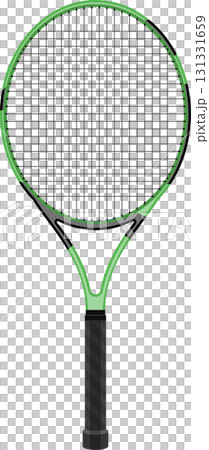 A green tennis racket against a black background, ready for a match or practice session. 131331659