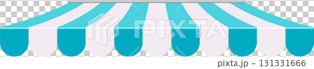 Striped awning, blue and white fabric forming a decorative roof over an outdoor storefront. Striped awning, blue and white fabric forming a decorative roof over an outdoor storefront. 131331666