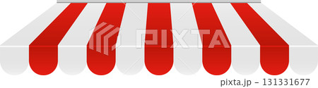 Red and white striped awning, creating a shaded outdoor space for a storefront or market stall. 131331677