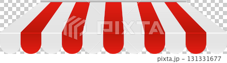 Red and white striped awning, creating a shaded outdoor space for a storefront or market stall. 131331677