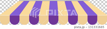 Stripped awning with vertical segments in tan and purple extending downwards to cover an area. 131331685
