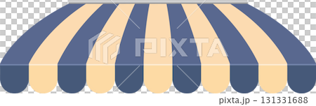 Striped awning in alternating blue and tan shades, providing shade from the sun or rain. Striped awning in alternating blue and tan shades, providing shade from the sun or rain. 131331688